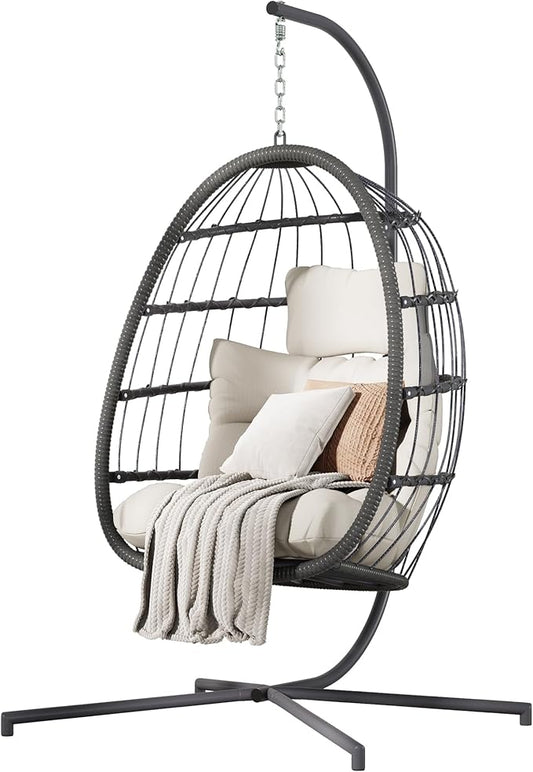 HWB Hanging Egg Chair with Stand, Patio Wicker Hammock Egg Swing Chair with Cushion for Bedroom Garden Indoor Outdoor (Beige)
