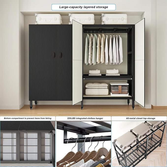 FPIGSHS Heavy Duty Clothes Rack with Magnetic Door 2000LBS Foldable Portable Wardrobe Closet for Hanging Clothing Rolling Garment Rack on Wheels for Bedroom Closet System (A（Black Door）, 59in)