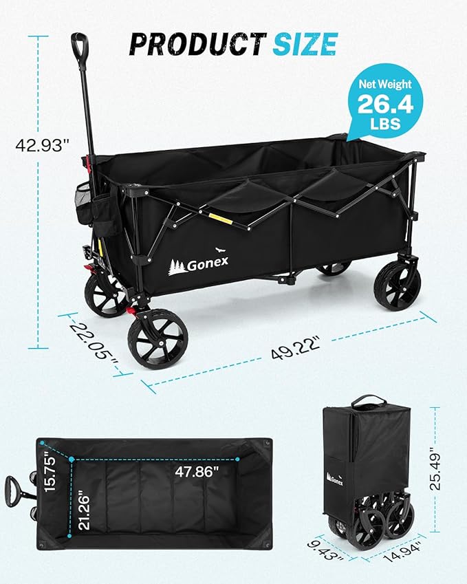 Gonex 48''L Collapsible Foldable Heavy Duty Oversized Wagon with 440lbs Weight Capacity, 300L Folding Large Utility Garden Grocery Shopping Cart with 8" H All-Terrain Wheels & 2 Drink Holders - Black