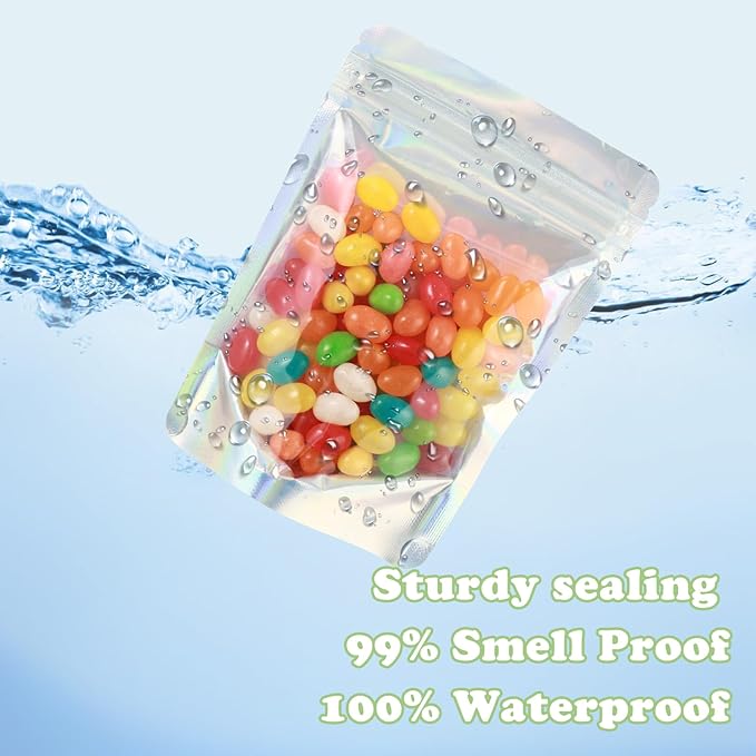 200 Pcs Mylar Bags for Food Storage 7x10 Mylar Bag with Window, Stand Up Holographic Resealable Bags for Food, Smell Proof Bag Freeze Dried Candy Sealable Pouch Jewelry Bracelet Packaging