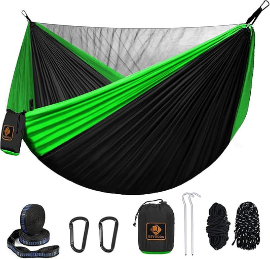 Camping Hammock, Portable Hammocks with Mosquito Net,Lightweight Nylon Parachute Hammock with 10ft Tree Straps,Camping Gear Must Haves for Travel Hiking Backpacking Beach Patio Black& Green