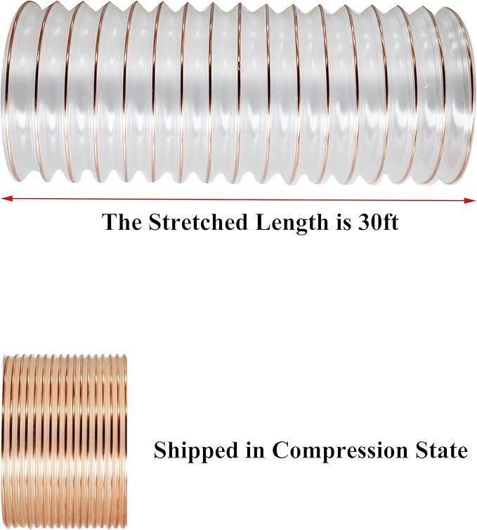 JUYO VONSAN PU Dust Collection Hose 6 inch 30ft Heavy Duty Flex Collector Hose Clear Dust Debris With Clamps (Polyurethane, 6'' X 30ft)