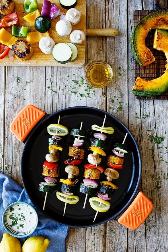 BRA COOKWARE Efficient Iron Round Ribbed Grill | 12.6 inches Cast Iron Round Griddle | All Heat Sources Compatible | PFOA Free | Without Non-Stick | Silicon Handle | Non Deformable