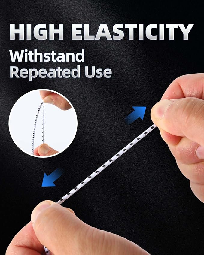 Bungee Cord - 1/8 Inch x 100 Feet - Elastic Shock Cord, Stretch Rope for Kayak, Crafts, Tie-Downs, DIY Projects - Flexible, High-Strength Bungee Rope (White with Black Trace)