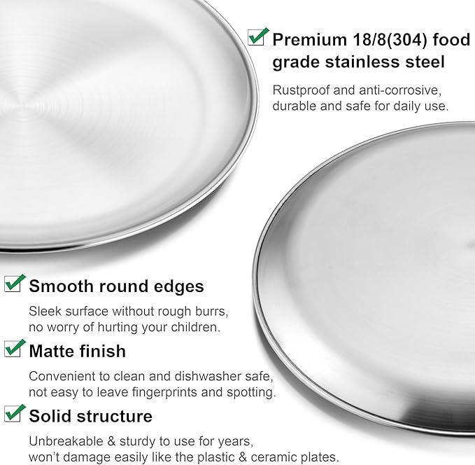 Homikit Stainless Steel Kids Plates Set of 8, 9 Inch Metal 304 Toddler Plates for Kids Children, 18/8 Non Toxic Dinner Dishes for Eating Feeding Serving Camping, Dishwasher Safe & Reusable