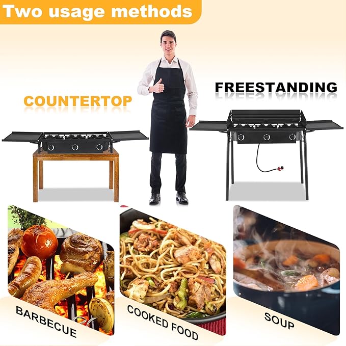 Bonnlo 3 Burners Propane Gas Stove, 225,000 BTU Portable Outdoor Camp Cooker Stove with Regulator, Side Shelves, Foldable Windpanel, Adjustable Height & Carrying Bag for Backyard, Camping, Tailgating