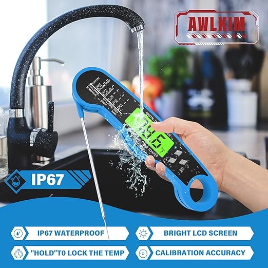 AWLKIM® Meat Thermometer Digital - Fast Instant Read Food Thermometer for Cooking, Candy Making, Outside Grill, IP67 Waterproof Kitchen Thermometer with Backlight, Stocking Stuffers for Men - Blue