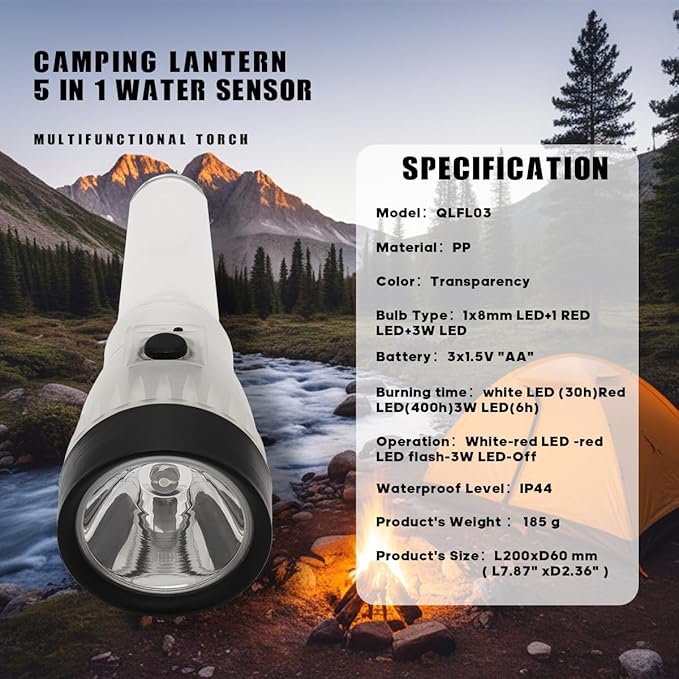 5 in 1 Camp Lamp Emergency Flashlight Outdoor Water Sensor Survival Gear and Supplies Tent Light Camping Essentials for Hurricane,Hiking,Outdoor Walking, Emergency,Storms and Outages Lamp