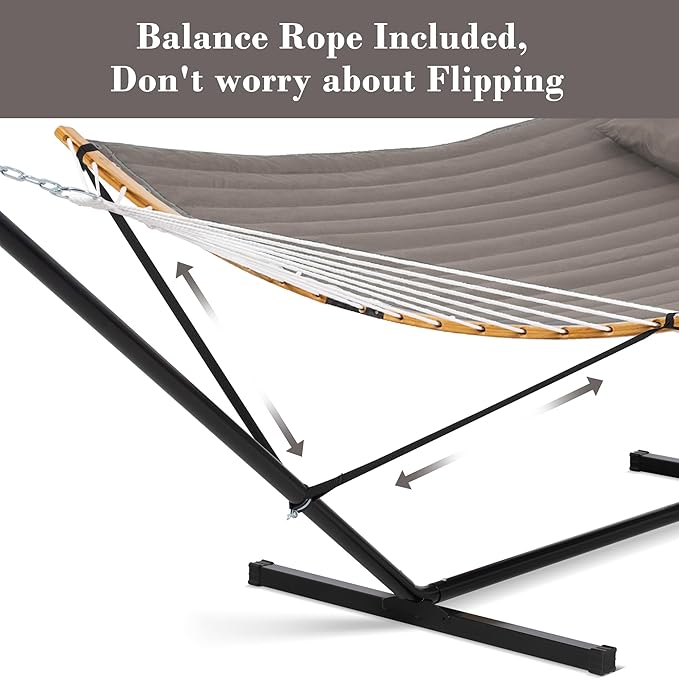 SUNCREAT Hammocks Portable Hammock with Frame, Backyard Double Hammock with Curved Spreader Bar, Brown