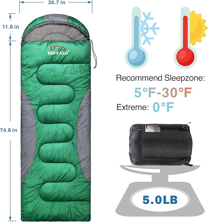0 Degree Winter Sleeping Bags for Adults Camping (450GSM) - Temp Range (5F–32F) Portable Waterproof Compression Sack- Camping Sleeping Bags for Big and Tall in Env Hoodie: Backpacking Hiking 4 Season