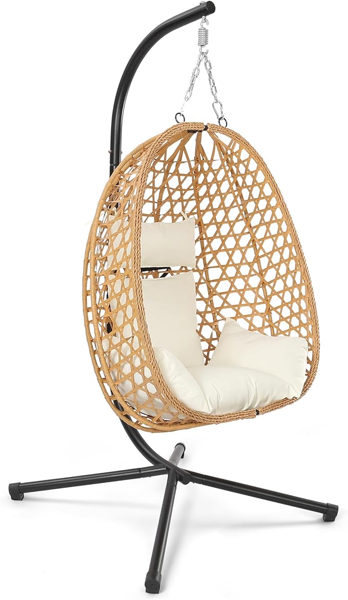 Egg Chair with Stand, Patio Wicker Hanging Chair, Hammock Swing Chair, 350LBS Capacity for Bedroom, Balcony, Garden (YE-BE)