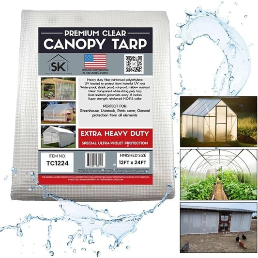 16 Mil Clear Poly Heavy Duty Tarp with Fiber Reinforcement - True Size Tarps with UV Protection, Tear Resistance, Flexibility, Reinforced Corners 12x24