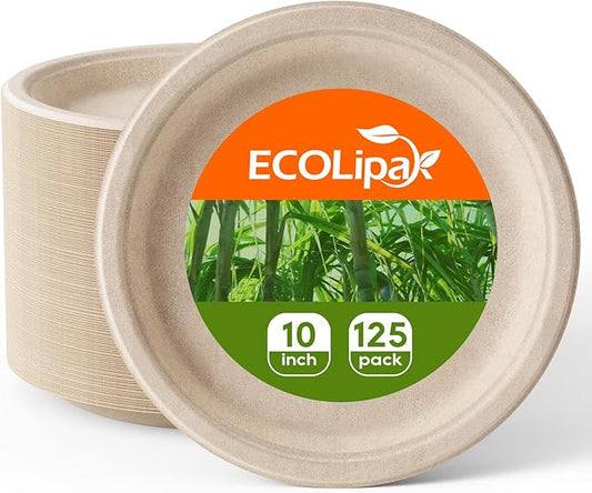 ECOLipak 100% Compostable 10 Inch Paper Plates, 125 Pack Heavy Duty Disposable Biodegradable Eco-friendly Sugarcane Bagasse Plates for Dinner Party