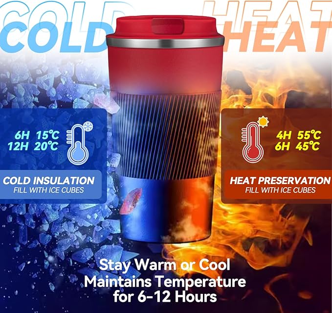 17OZ Travel Coffee Mug Insulated Coffee Cup with Spill Leak Proof Lid, Portable Stainless Steel Tumbler Reusable Hot and Cold Water Mug for Car, Daily, Camping- Red