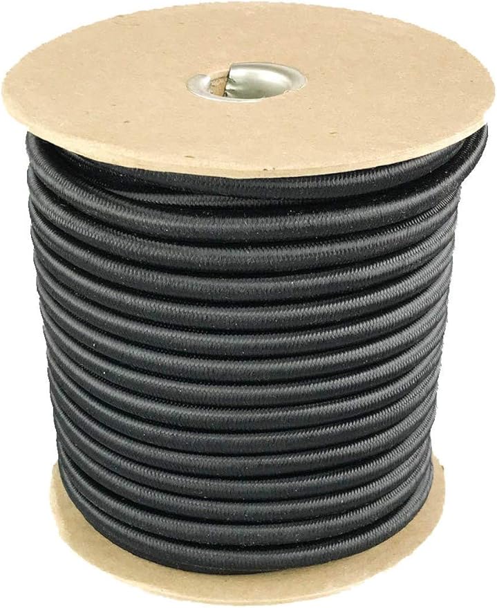 Elastic Bungee Cord. 3/16", 3/8", 1/4", 5/16", 1/8". 50 and 100 Foot Spools. Weather and Abrasion Resistant. Used for Tie Downs, Crafting, DIY Projects. Black Shock Cord. Made in the USA