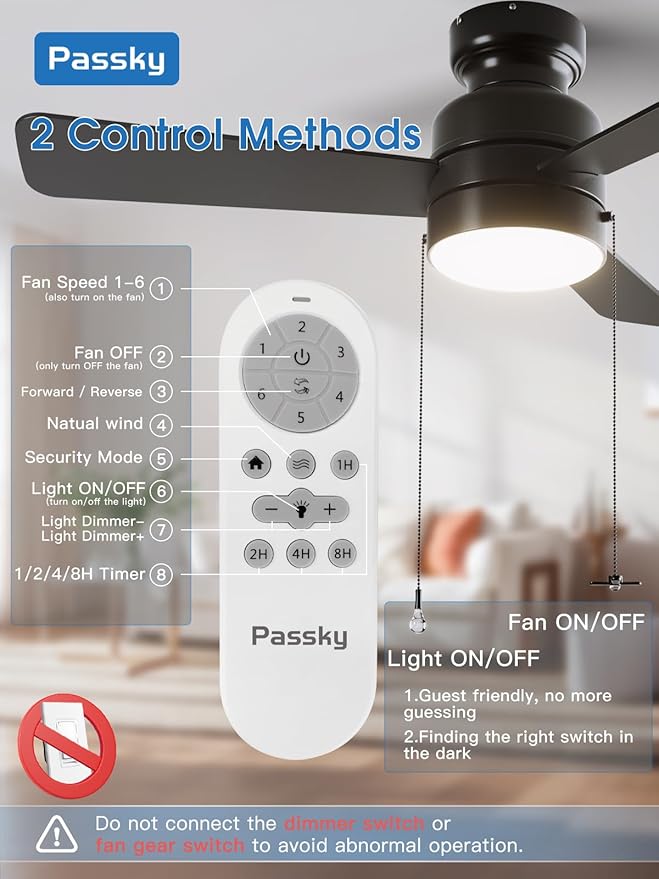 Ceiling Fans with Lights, 42 inch Low Profile Ceiling Fan with Pull Chain and Remote Control, Flush Mount, Reversible, 5CCT, Dimmable, Noiseless, Black Pull Cord Ceiling Fan for Bedroom