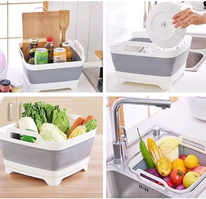 9L (2.4Gal) Dish Basin Collapsible with Drain Plug Carry Handles,Kitchen Storage Tray Dish Wash Basin, Portable Dish Tub, Foldable Dishpan for Camping,RV,Gray