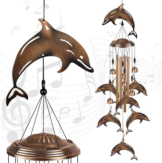 Bronze Dolphin Wind Chimes Decor, Mobile Wind Catcher, Retro Wind Bells, Blessing Wind Chime, Memorial Windchimes for Home, Balcony, Yard, Room, Xmas, Party, Indoor, Garden Decoration, Gifts for Mom
