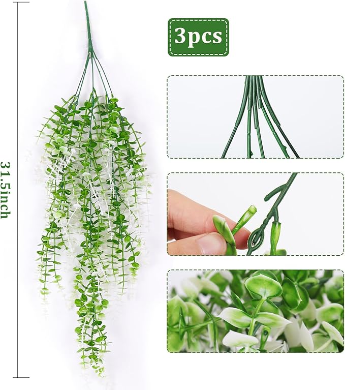 Fake Monkey Plants Hanging Eucalyptus Vines Fake Vines Faux Hanging Plants for Outdoor Garden Yard Backdrop Decor Indoor Room Table Wall Home Hanging Decoration(White)