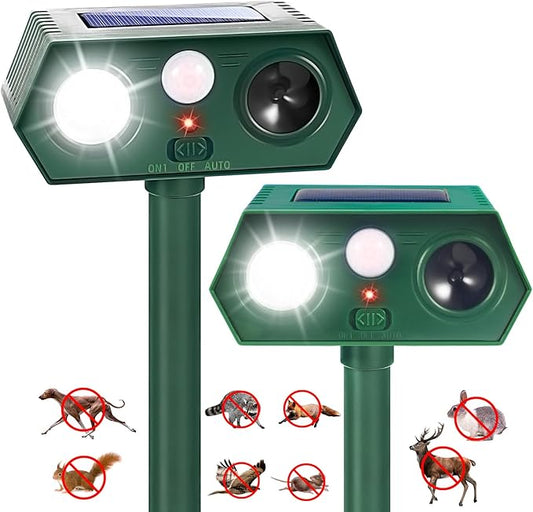2Pack Solar Ultrasonic Animal Repellent Outdoor Cat Solar Animal Repeller with Motion Sensor&LED Flashlight Deer Repellent Devices to Scare Raccon Fox Rabbit Squirrel Skunk Repellent for Yard
