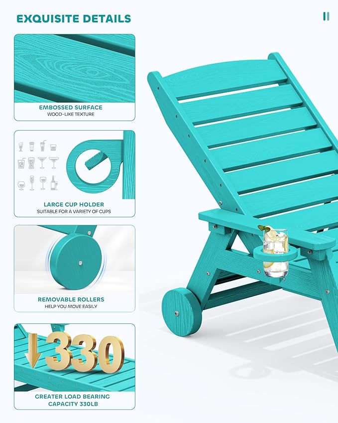 SERWALL Patio Chaise Lounge Chair Set of 2, 78'' Long 5-Positions Adjustable HDPE Outdoor Lounge Chair for Pool, Poly Lounge Chair with Rolling Wheels & Cup Holder for Poolside, Deck, Aqua Blue