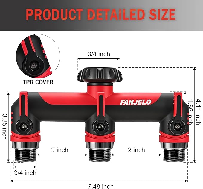 3 Way Hose Splitter, Heavy Duty Garden Water Hose Bib Spigot Splitter, Faucet Splitter with Shutoff Valve, Garden Hoses Connector for T Adapter, 3/4 - Inch GHT Thread (Red)