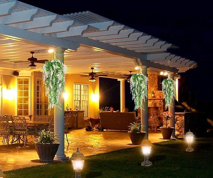 Hanging Monkey Grass Artificial Plants with Lights Outdoor Faux Hanging Plants Indoor Artificial Hanging Plants Wall Decor Fake Hanging Planta for Wall House Room Patio Bedroom Decoration(White)