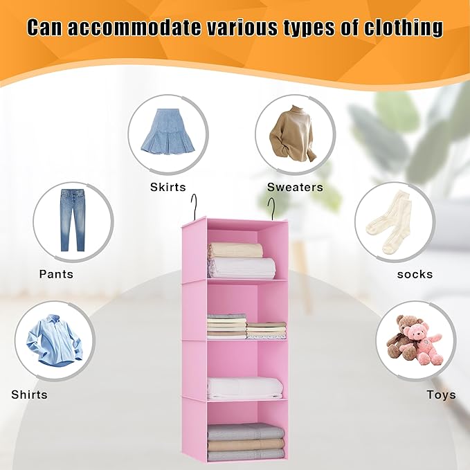 Hanging Closet Organizer, Easy Mount Foldable 4-Shelf Hanging Closet Wardrobe Storage Shelves, Clothes Handbag Shoes Accessories Storage, Washable Oxford Cloth Fabric, Pink
