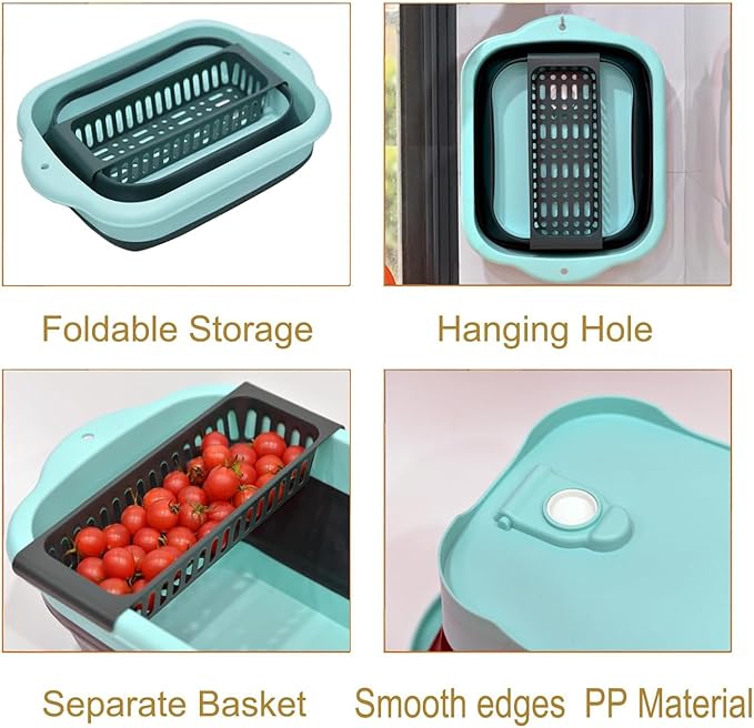 2.77 Gallon (10.5L) Collapsible Dish Basin with Drain Plug, Outdoor Multiuse Foldable Sink Tub, Dishpan, Wash Basin, Portable Kitchen Storage Tray for Camping, RV, Beverage Bucket (Green)