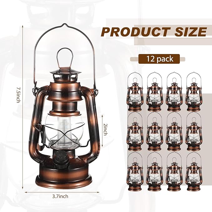 Hortsun 12 Pieces 8 Inch Vintage LED Hurricane Lantern 12 Warm LEDs and Dimmer Switch Battery Operated Farmers Hanging Lantern for Indoor Outdoor Camping Usage Decor