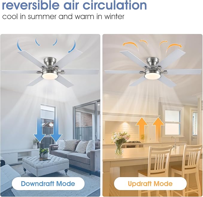 52" Low Profile Ceiling Fans with Lights and Remote, Modern Indoor Ceiling Fans with 3 Colors 6 Speeds, Flush Mount Fan Light Indoor & Outdoor, Reversible DC Motor,Sand Nickel