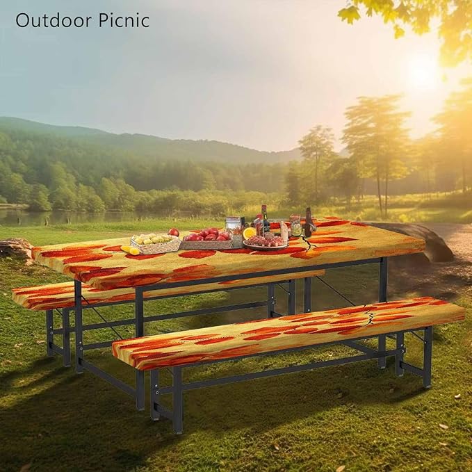 CAPSCEOLL Fitted Picnic Table Cover with Bench Covers with Elastic 6Ft Waterproof Camping Picnic Table Cover Cloths for Outdoors Camping Tablecloth with Drawstring Bag, 72X30in, Burnt Orange Leaves