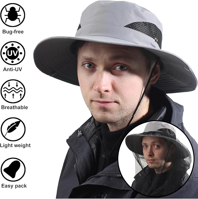 CAMOLAND Sun Hat with Removable Mesh Head Net Safari Hat Outdoor UV Protection