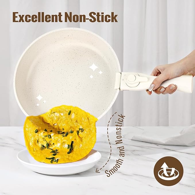 18 Pcs Nonstick Pots and Pans Set with Detachable Handle, Induction Compatible Oven Safe RV Cookware Set, No PFOA (WHITE)