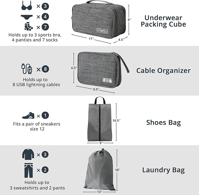 7 Set Compression Packing Cubes for Travel - Compressible, Lightweight, and Space-Saving Packing Cubes, Travel Essentials for Women, Grey