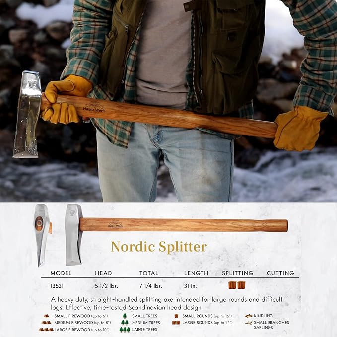 1844 Helko Werk Germany Classic Nordic Splitting Axe - Made in Germany for Splitting Wood and Splitting Rounds and Heavy Duty Firewood, Scandinavian Axe - Head 5.5 lbs, Handle 31 in. (Nordic) #13521