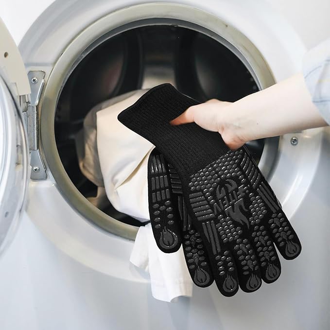 BBQ Gloves, Oven Gloves, Extreme Heat Resistant Barbecue Gloves, Silicone Non-Slip Oven Mitts, Kitchen Gloves for Cooking, Grilling, and Baking (Black)