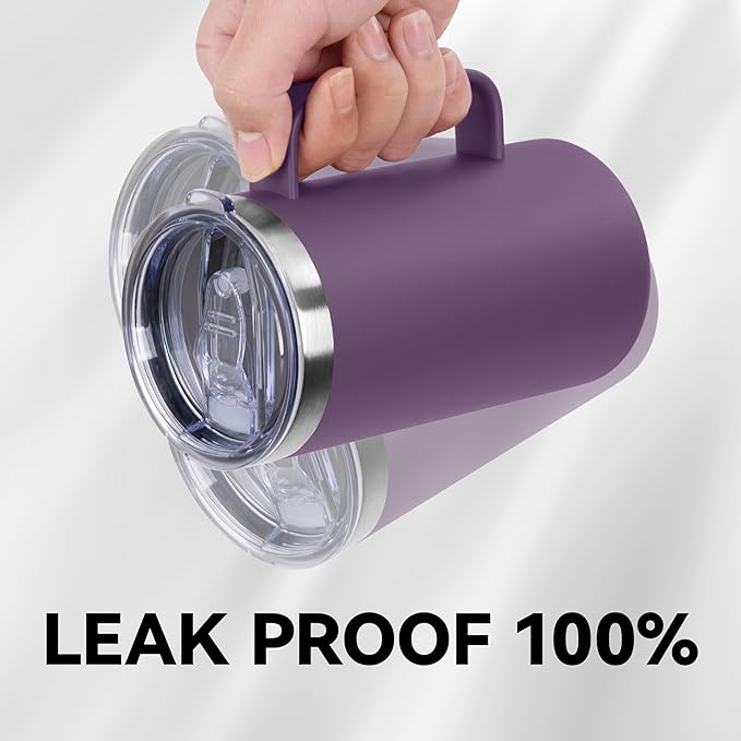 DOMICARE 24oz Mug with Handle and Lid, Stainless Steel Coffee Mug, Travel Mug with Handle, Double Wall Vacuum Coffee Tumbler, Reusable Insulated Cup, Dark Purple, Pack 4