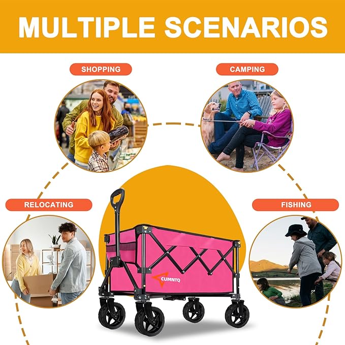 Collapsible Wagon Cart with Wheels, Heavy DutyFoldable Wagon Cart with 230lbs Weight Capacity, UtilityBeach Wagons Portable for Outdoor, Grocery, Camping,.Shopping, Rose Red