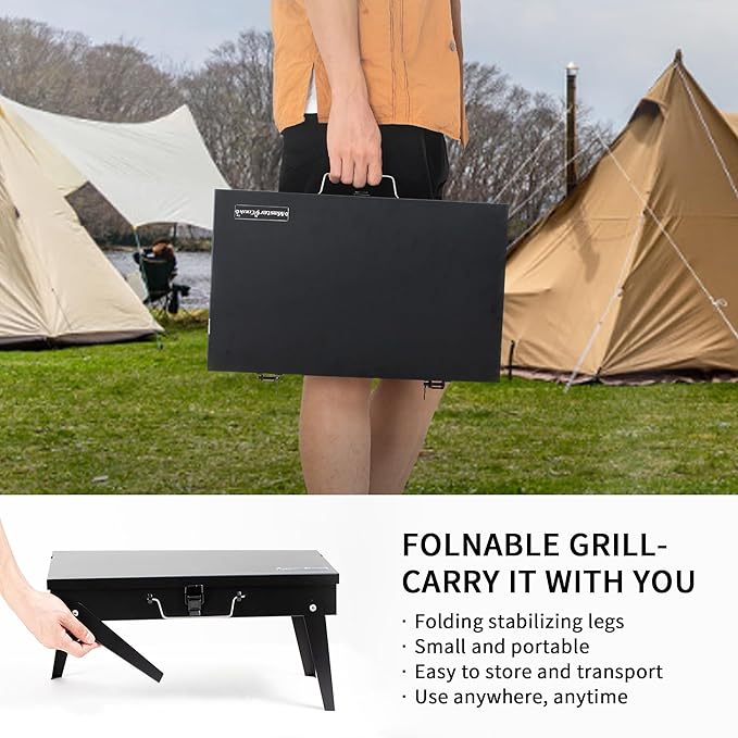 MASTER COOK Portable Charcoal Grill, Foldable BBQ Grill Kit Easy to Carry, Mini Tabletop Grill for Outdoor Camping, Patio and Picnic, 17.1”*10.8”*2.5”