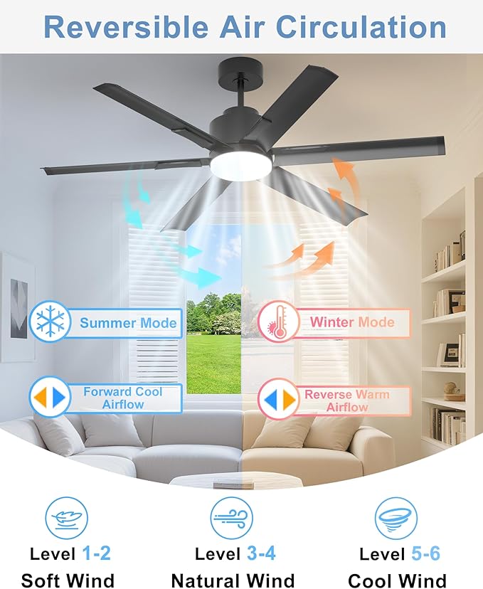 JAYNLT 60 Inch Ceiling Fan with Light,Industrial LED Fan Lights with 6 Aluminium Blades,Large Ceiling Fan - Remote/APP Control, Air Reversible 6 Speed 3 Colors Noiseless DC Motor for Kitchen,Shop