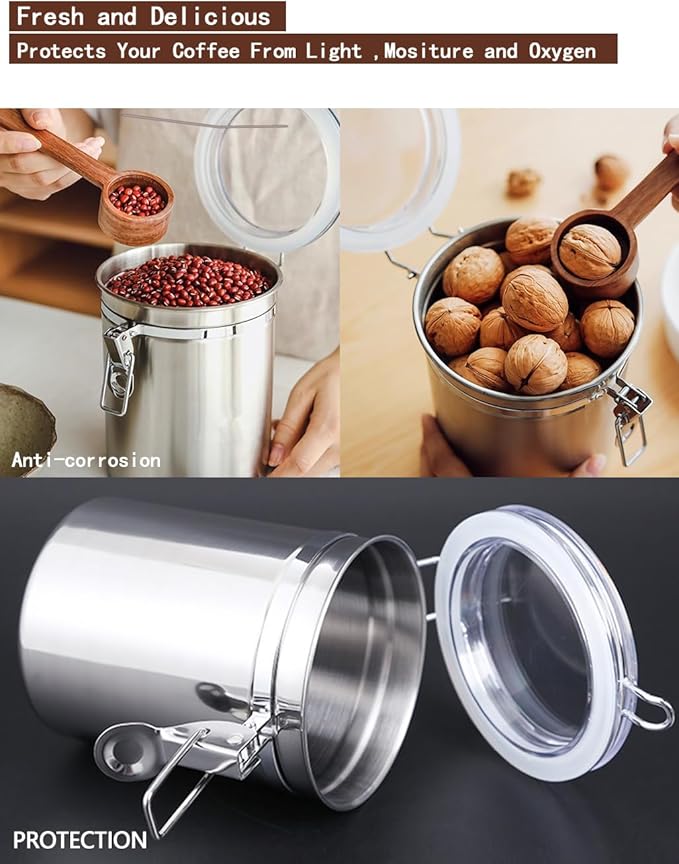 Coffee Canister 4 Pcs Stainless Steel Food Container with Clear Lids Airtight Container Stackable Canisters Kitchen Pantry Storage for Cereal, Snacks, Candy, Herbs, Spices, Sugar, Tea (1.8L Silver-4)