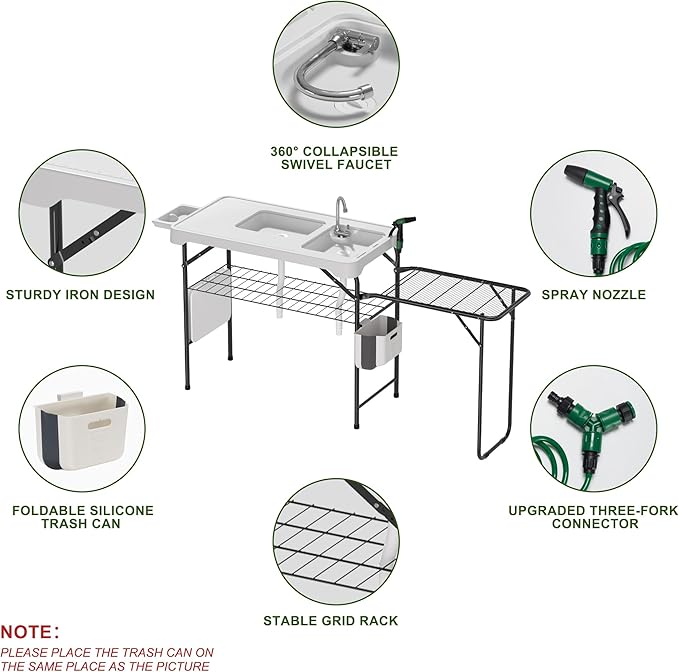 Dragosum Fish Cleaning Table, Portable Folding Camping Table with Folding Grill Extension Board, Fish Cleaning Station with Dual Sinks, Hose Hook Up