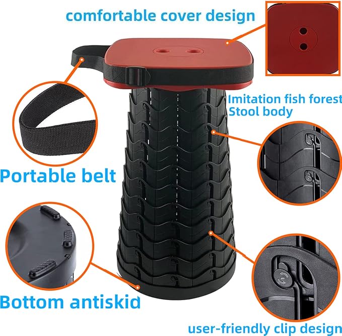Collapsible Camping Stool with Seat Cushion & Nylon Bag, Square Portable Telescopic Stool, Lightweight Sturdy Foldable Stool for Camp Fishing Picnic, Max Load 550 lb