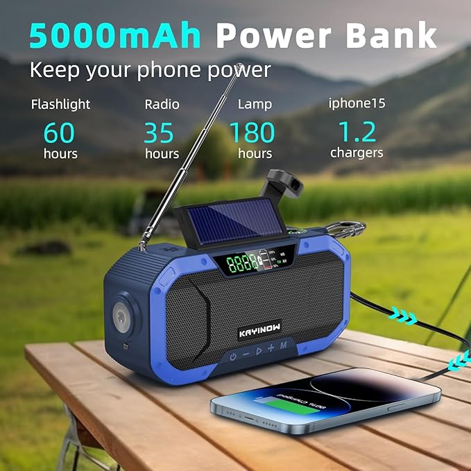Hand Crank Emergency Weather Radio Solar Power with AM FM NOAA,Wind Up Flashlight,Cell Phone Charger, 5000mAh Rechargeable Battery,SOS Alarm,Portable,Waterproof,for Survival,Storm and Power Outage