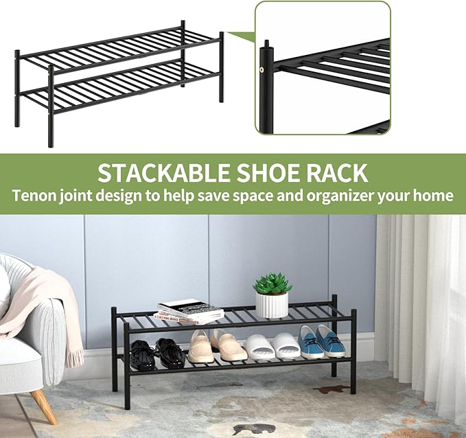 2-Tier Bamboo Long Shoe Rack, Free Standing Wood Shoe Shelf Storage Organizer for Closet Entryway Stackable 35"x11"x13" (Black)