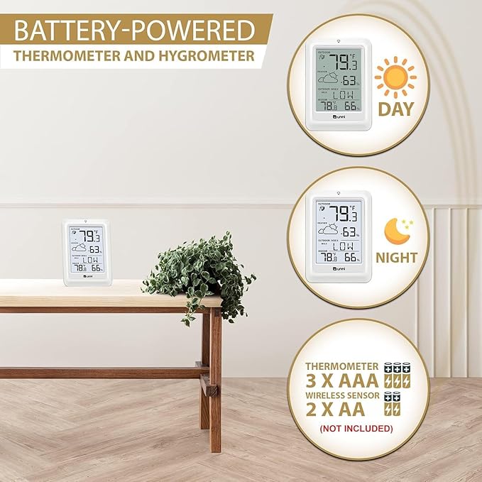 Indoor Outdoor Thermometer Wireless Weather Station, Temperature Humidity Monitor Battery Powered Inside Outside Thermometers with 330ft Range Remote Sensor and Backlight Display（WH01）