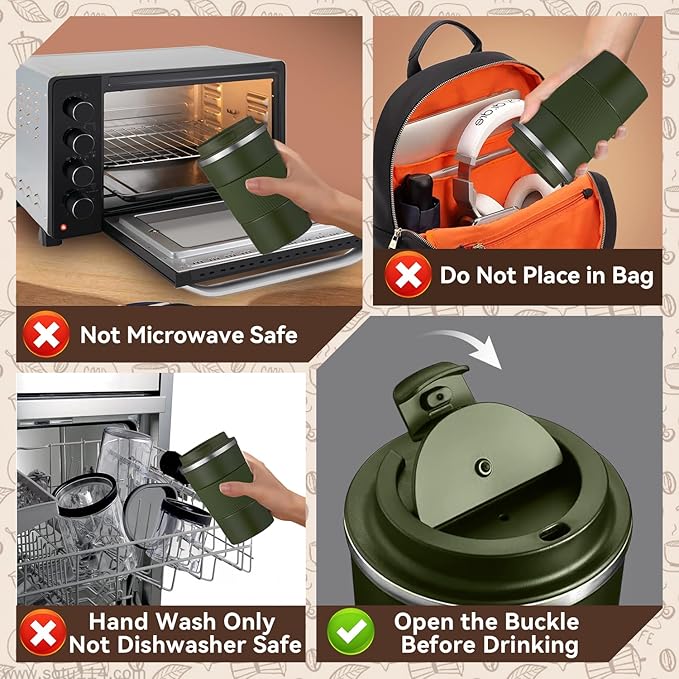 12OZ Travel Coffee Mug Insulated Coffee Cup with Spill Leak Proof Lid, Portable Stainless Steel Tumbler Reusable Hot and Cold Water Mug for Car, Daily, Camping- Military Green