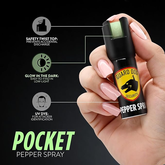 Guard Dog Security Self Defense Pepper Spray Glow in The Dark, OC Spray, UV Dye, Twist Top, Compact Size Self Defense Tool for Women and Men, Police Grade Formula, Up to 16 Feet Long Range
