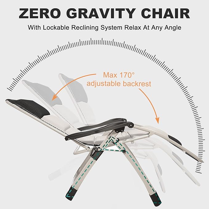 ABORON 2 Pack Zero Gravity Chair, Outdoor Lounge Chairs Sun Loungers with Removable Cushion,Headrest,Cup Holder,Reclining Patio Lounger Chair for Indoor and Outdoor